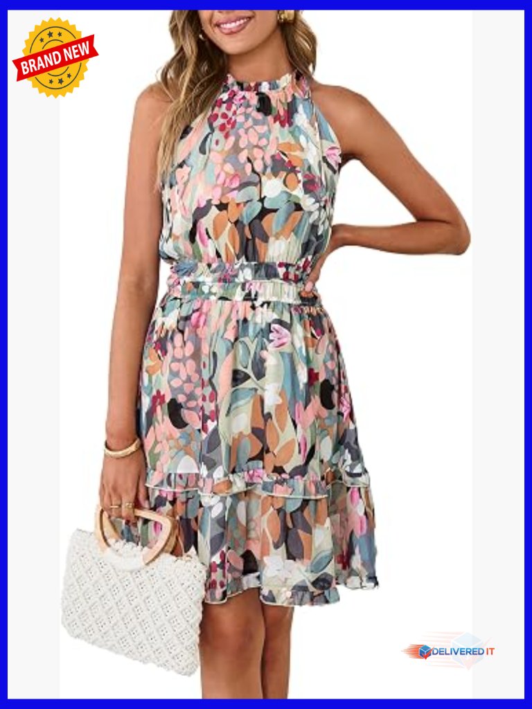 Floral Halter Mini Sundress Sleeveless A-Line Empire Waist Tiered Boho